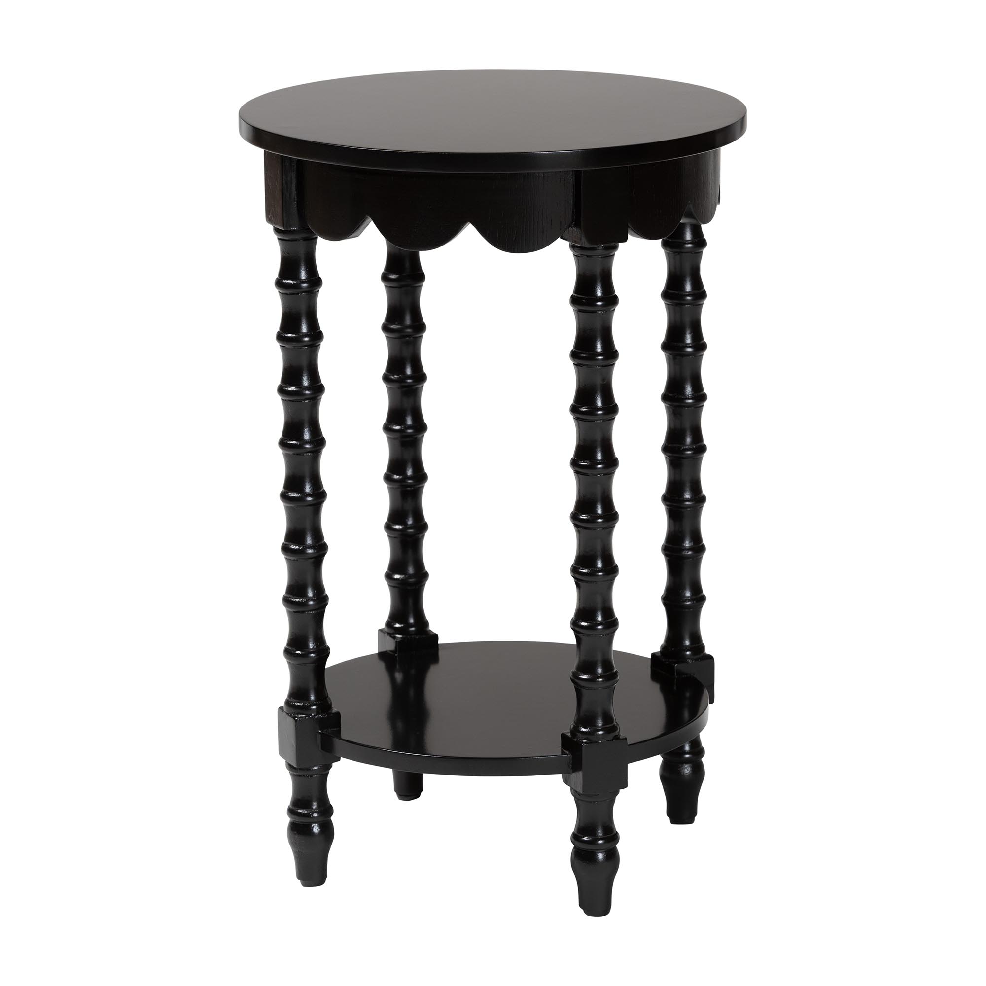 Baxton Studio Sally Round Nightstand with Bamboo Inspired Legs - Scalloped Bedroom Side Table with Open Shelf, Black